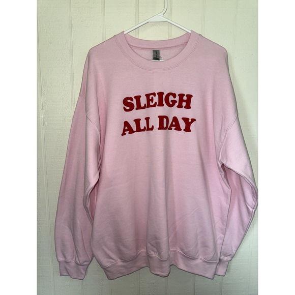 Gildan Tops - NWT Gildan Heavy Blend Sleigh All Day Pink Christmas Graphic Sweatshirt Large